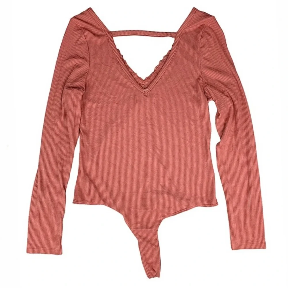 $10 CLEARANCE! Coral Ribbed Lace Long Sleeve Thong Bodysuit - Picture 6 of 9